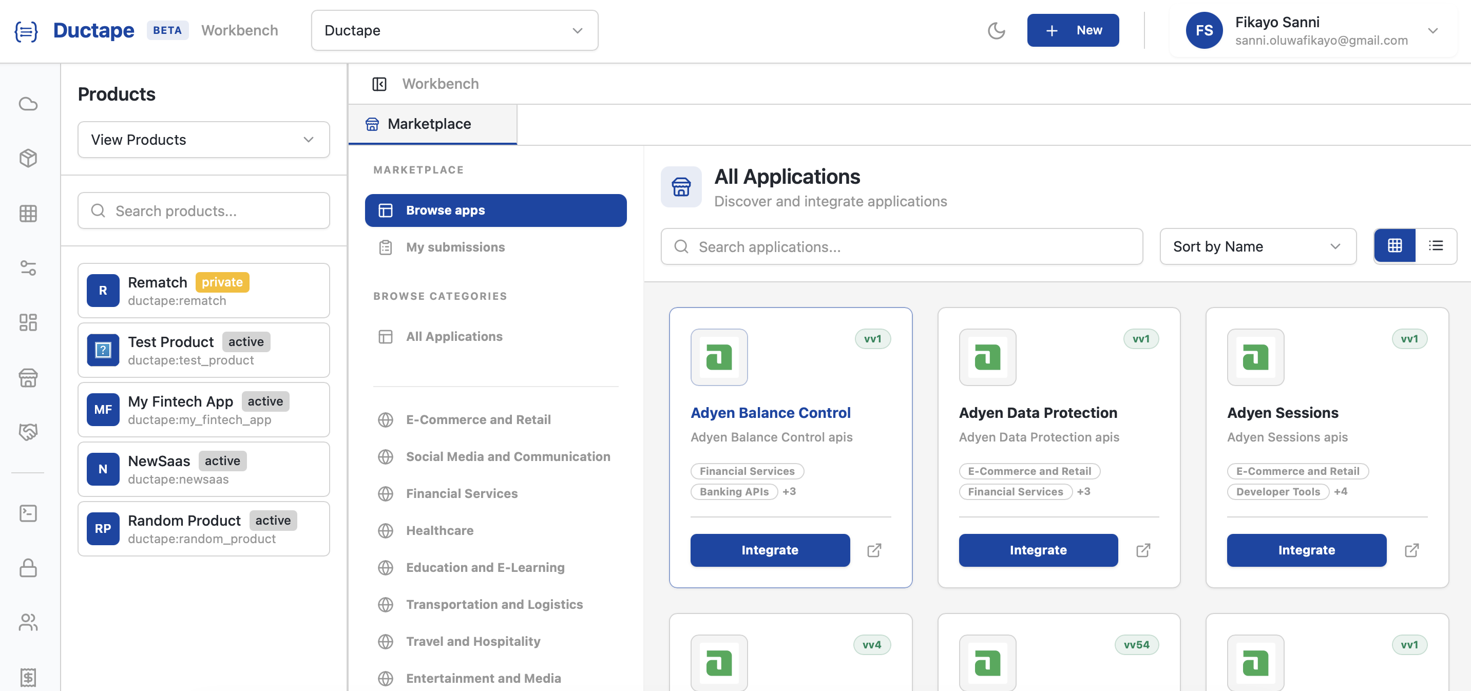 Ductape marketplace: browse and integrate apps (light mode)