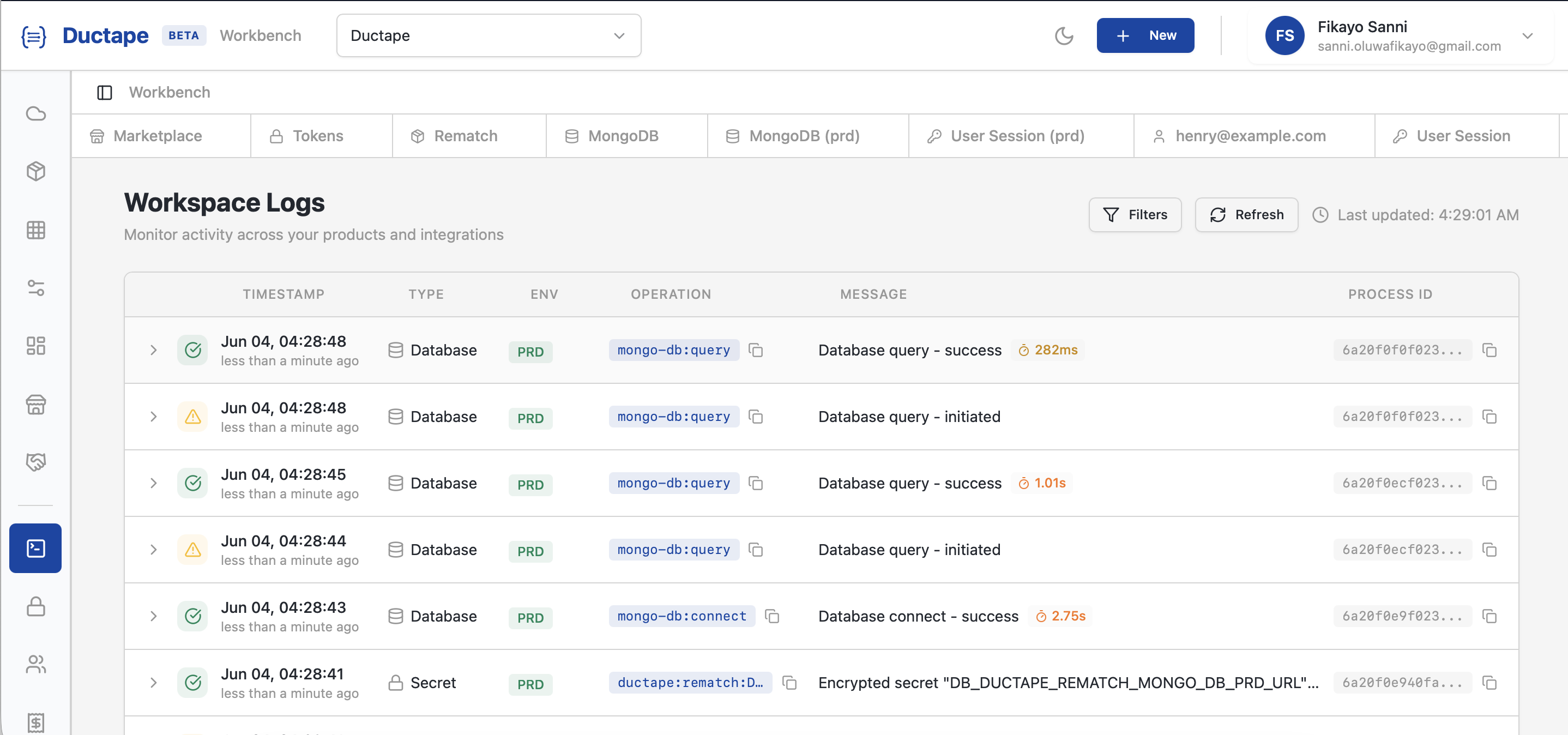 Ductape workspace logs showing operations, environments, status, and execution times