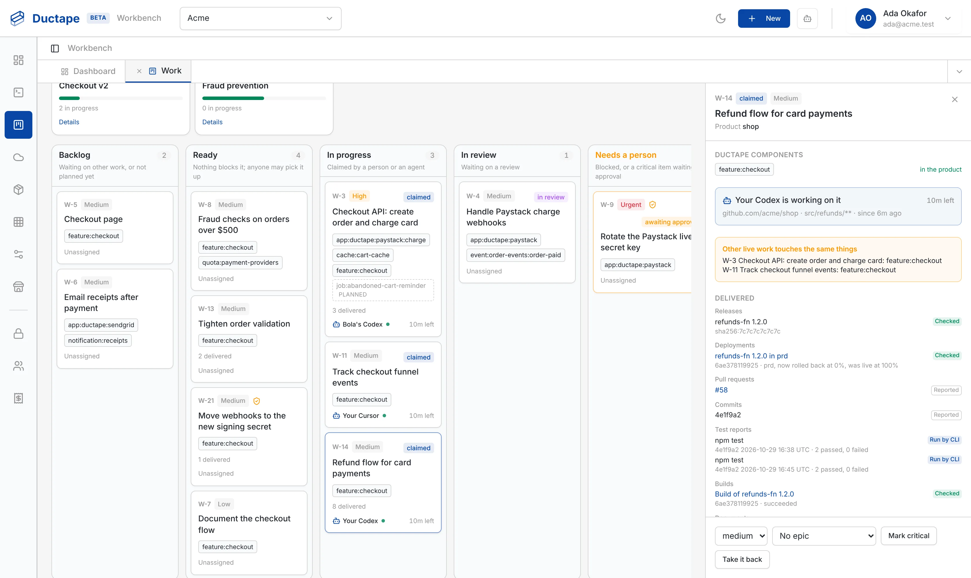 Agent work details showing delivered code, pull requests and activity history