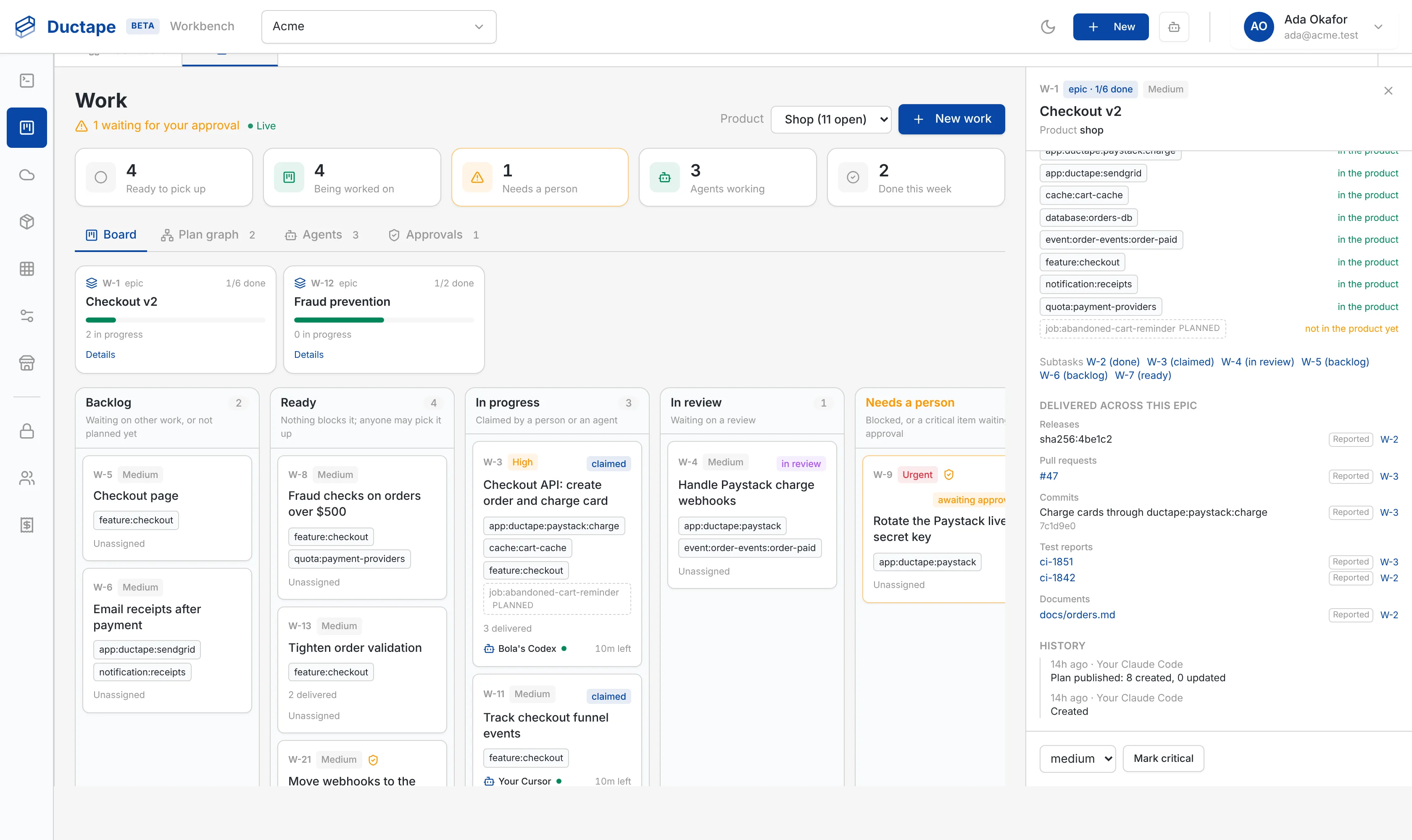 Checkout epic showing delivered releases, pull requests, commits and test reports