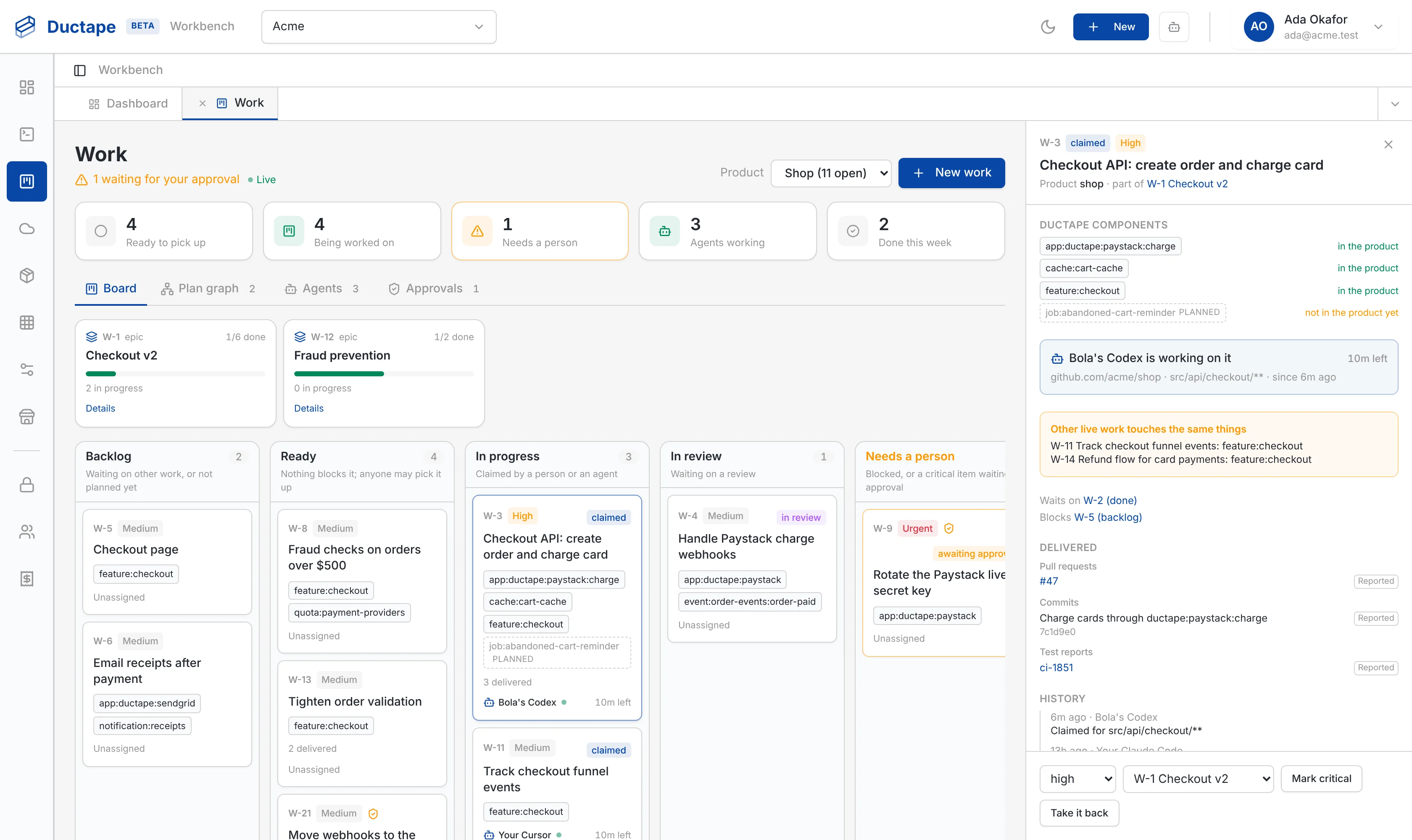 Work item with assigned agent, dependencies and activity