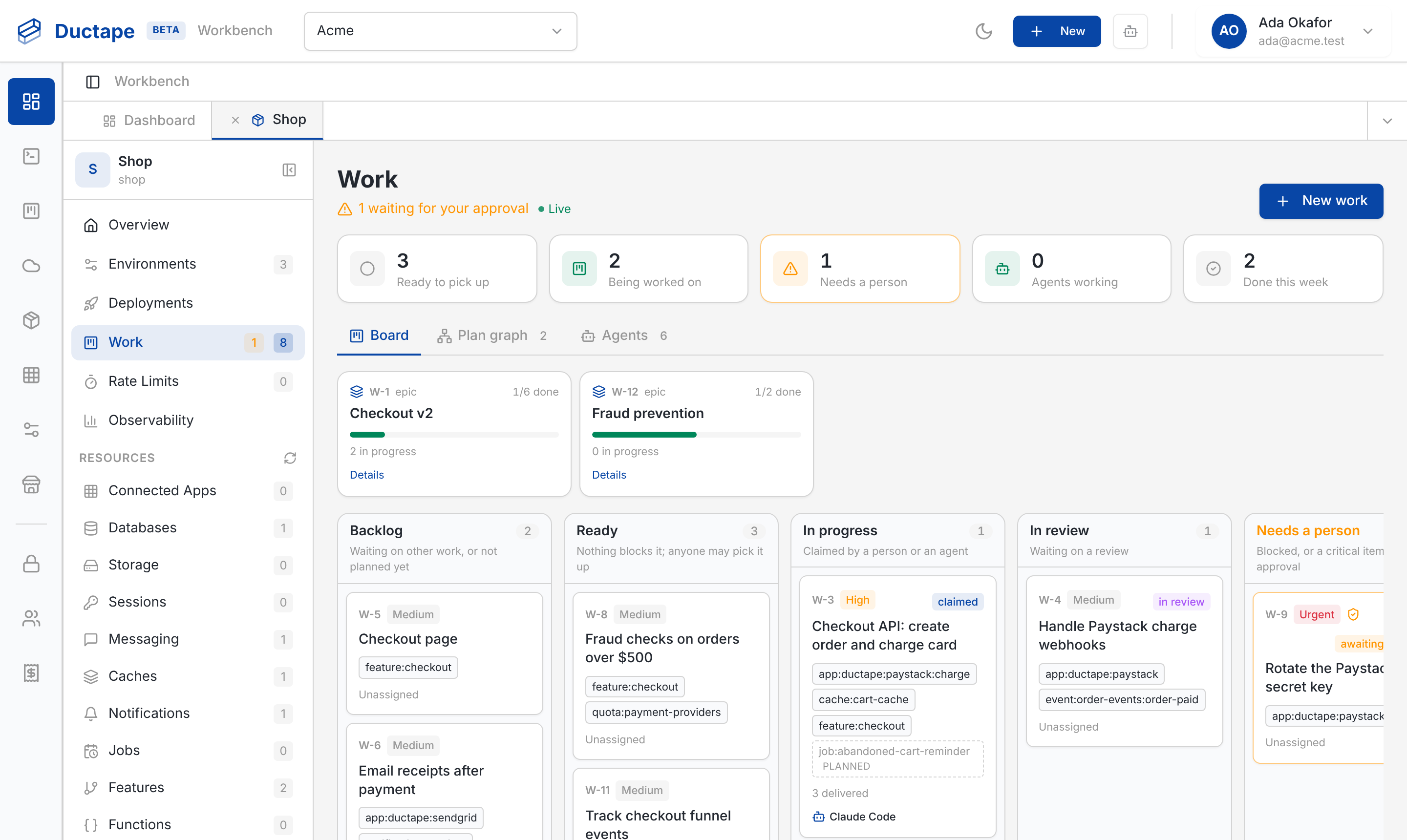 Product workspace with epics and work items